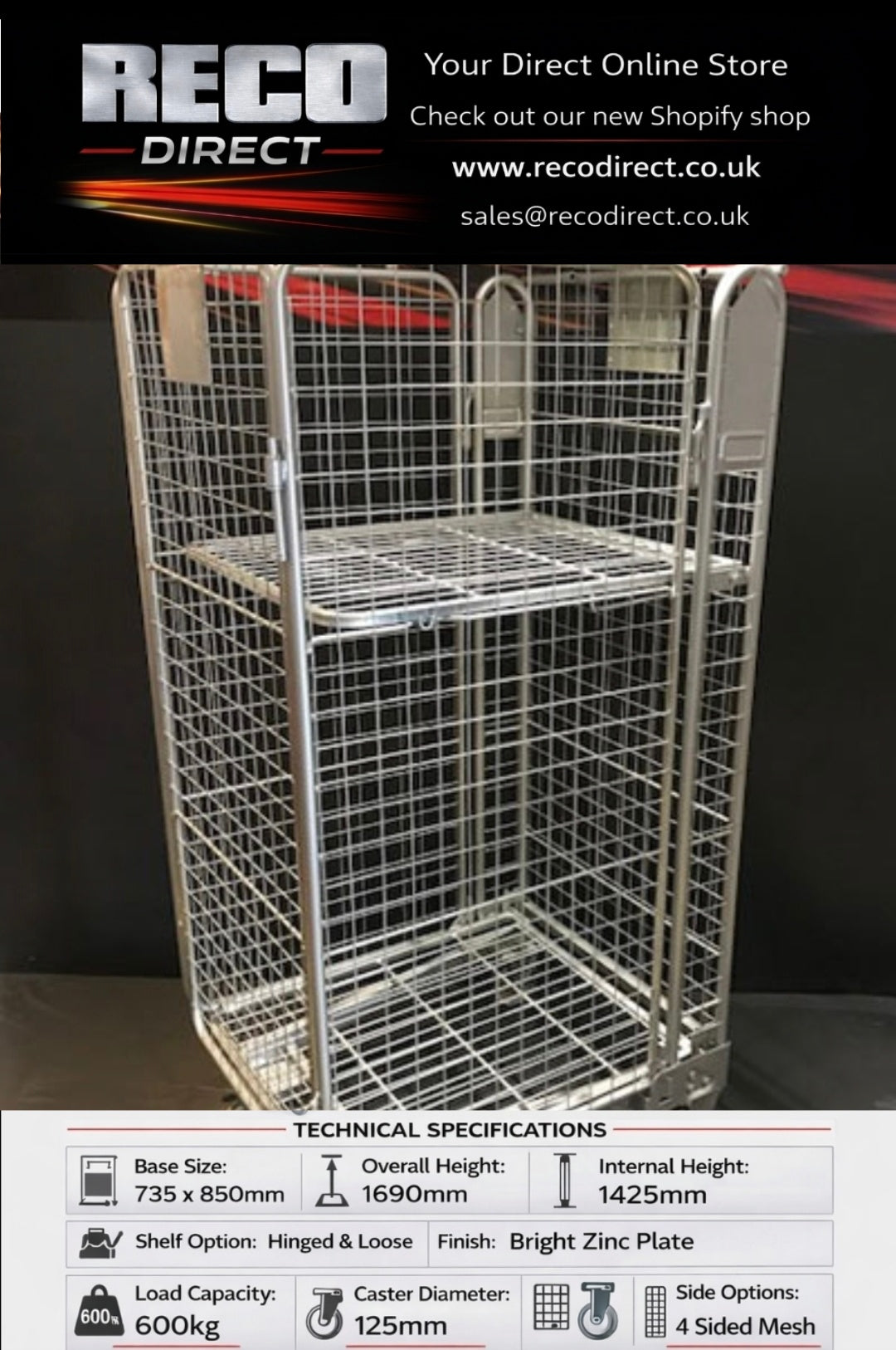 Heavy-Duty 4 Sided Mesh Roll Containers – 600kg Capacity | Bright Zinc Plated | Hinged or Loose Shelf Options