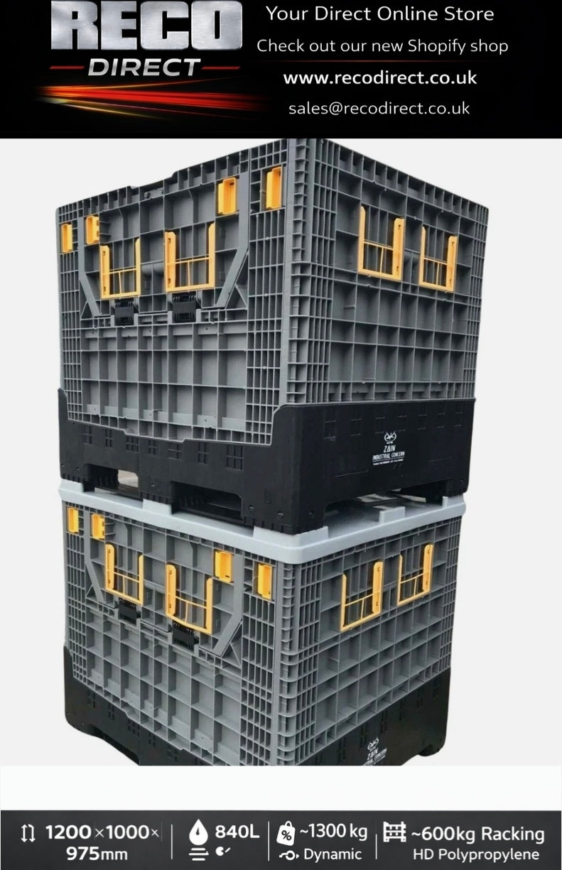 Used Collapsible Plastic Pallet Box 1200x1000x975mm – 840L – Refurbished – WITH Lid
