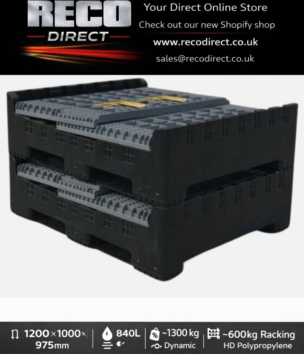 Used Collapsible Plastic Pallet Box 1200x1000x975mm – 840L – Refurbished – WITH Lid