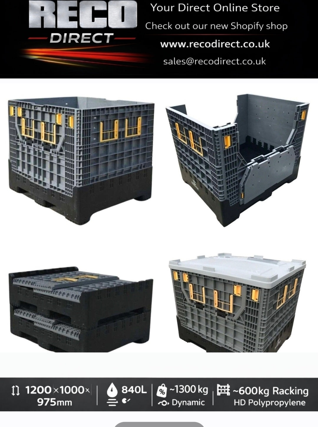 Used Collapsible Plastic Pallet Box 1200x1000x975mm – 840L – Refurbished – WITH Lid
