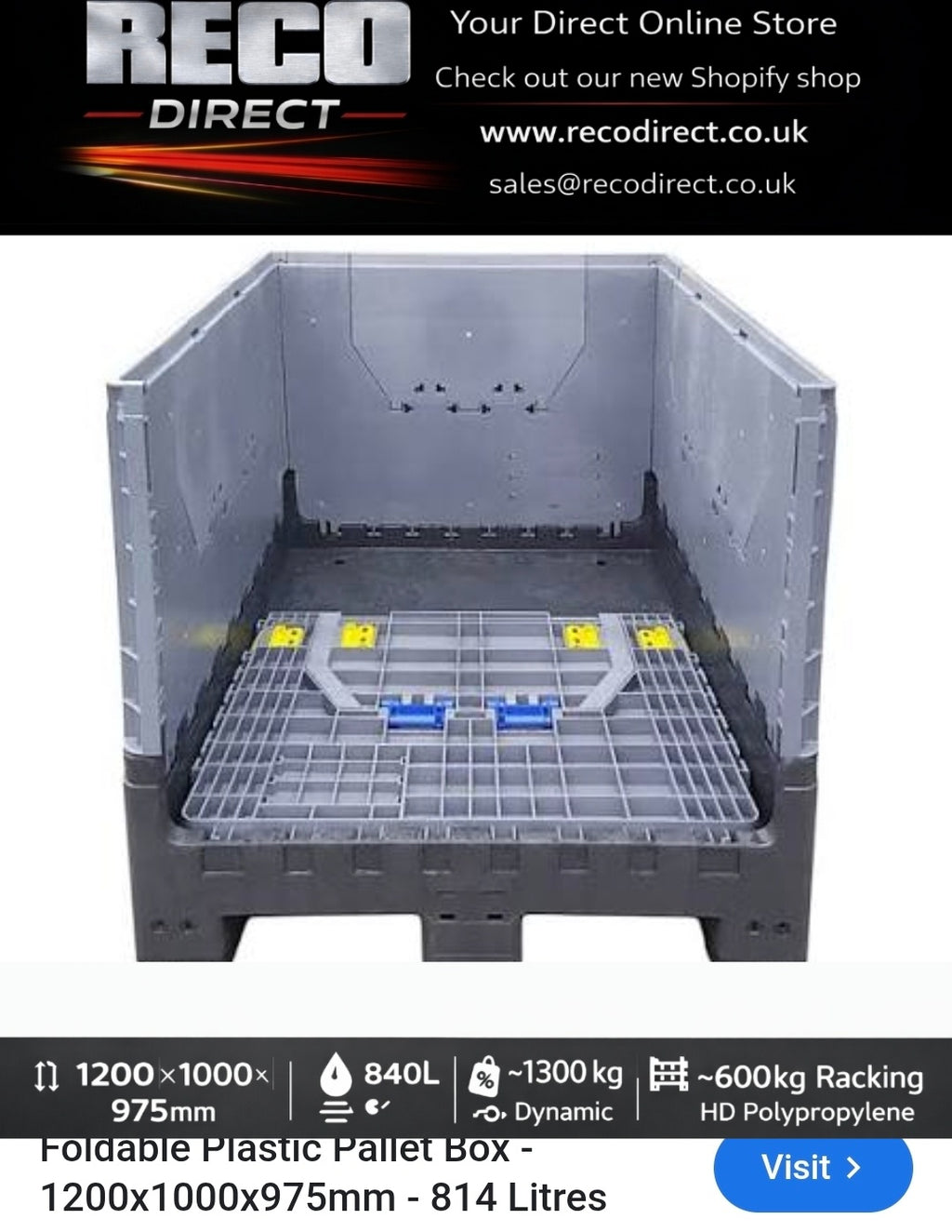 Used Collapsible Plastic Pallet Box 1200x1000x975mm – 840L – Refurbished – WITH Lid