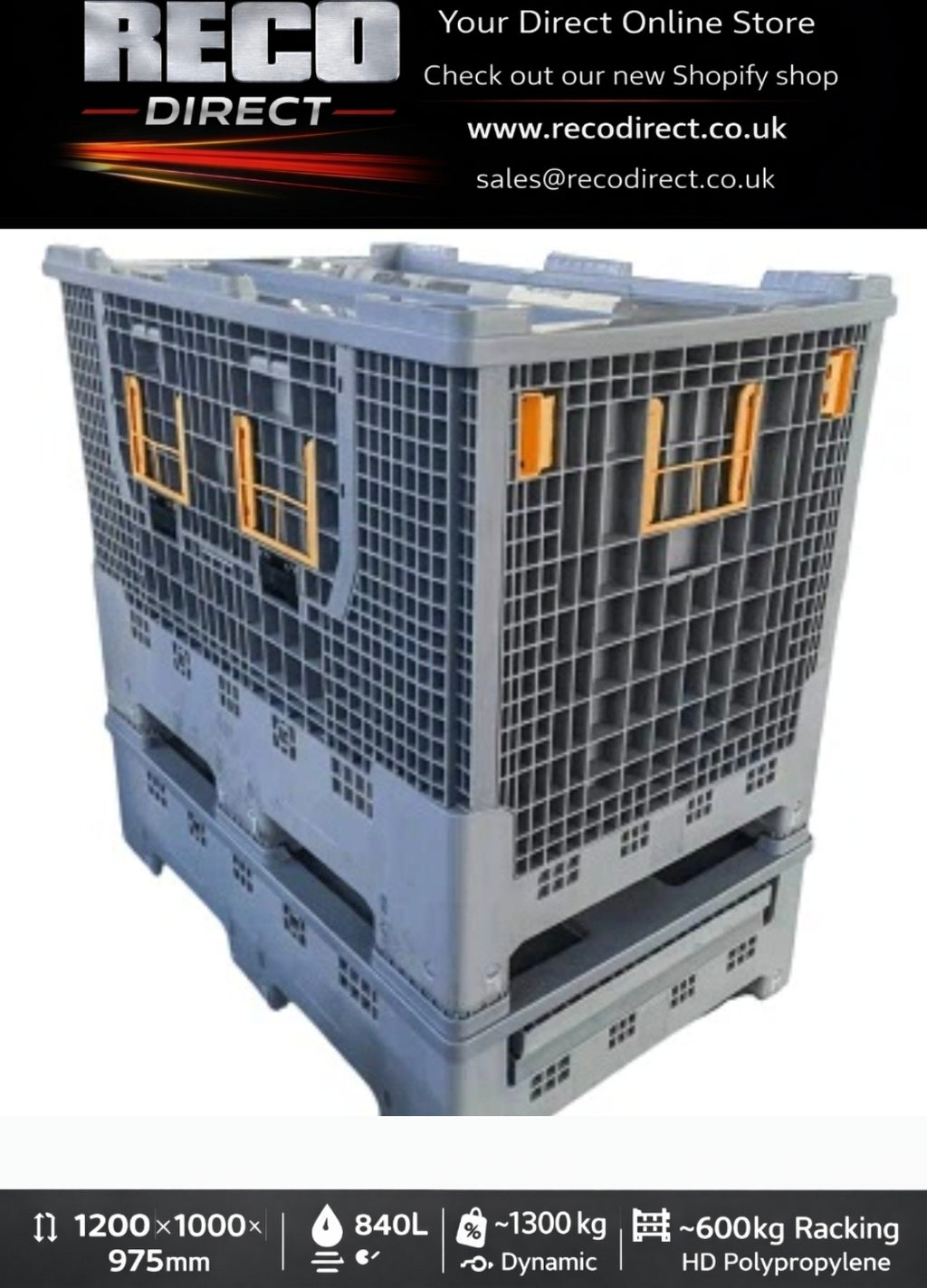 Used Collapsible Plastic Pallet Box 1200x1000x975mm – 840L – Refurbished – Lid Optional