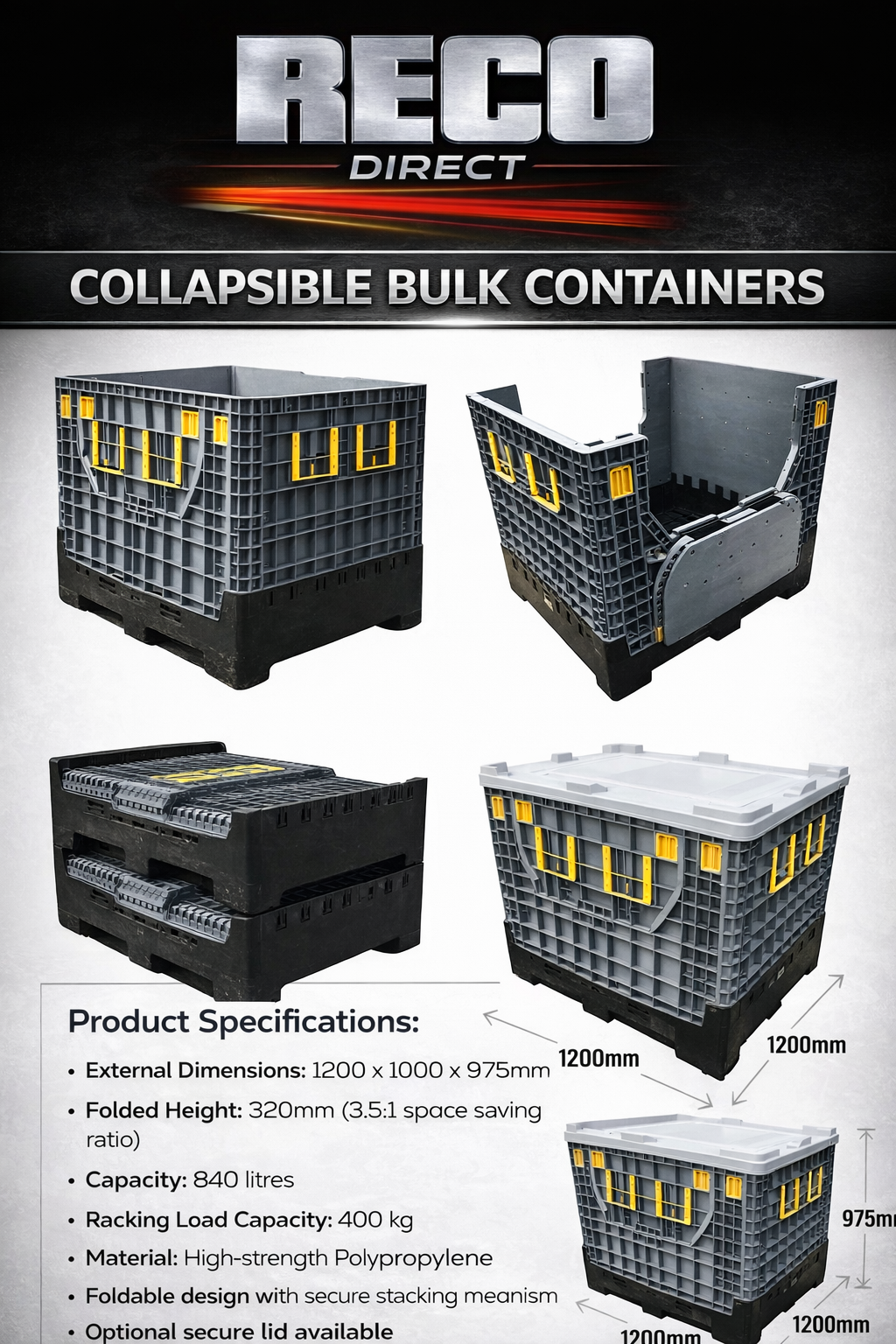 Used Collapsible Plastic Pallet Box 1200x1000x975mm – 840L – Refurbished – WITH Lid