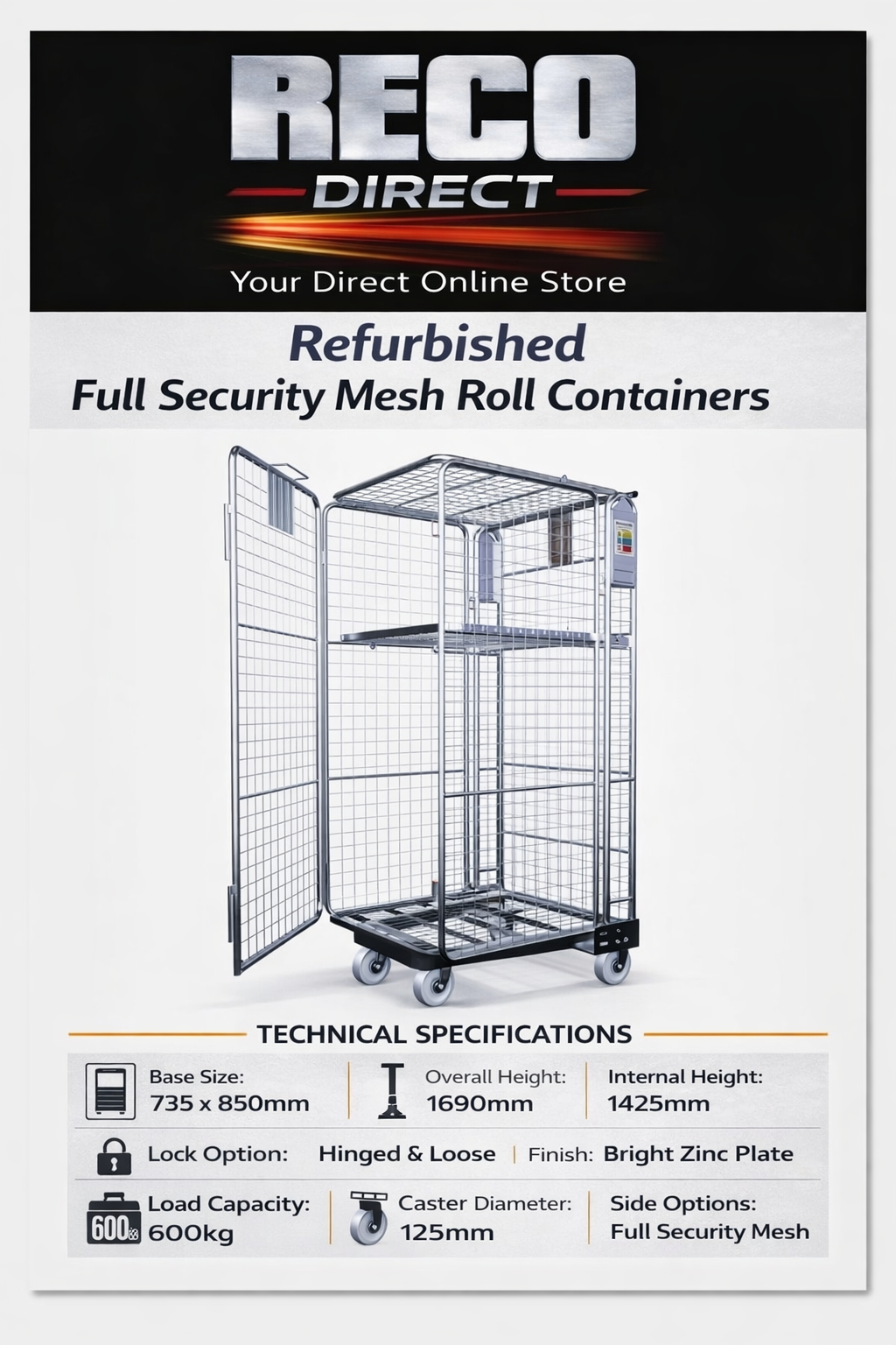 Refurbished Full Security Mesh Roll Container – 1690 x 735 x 850mm – 600kg Heavy Duty
