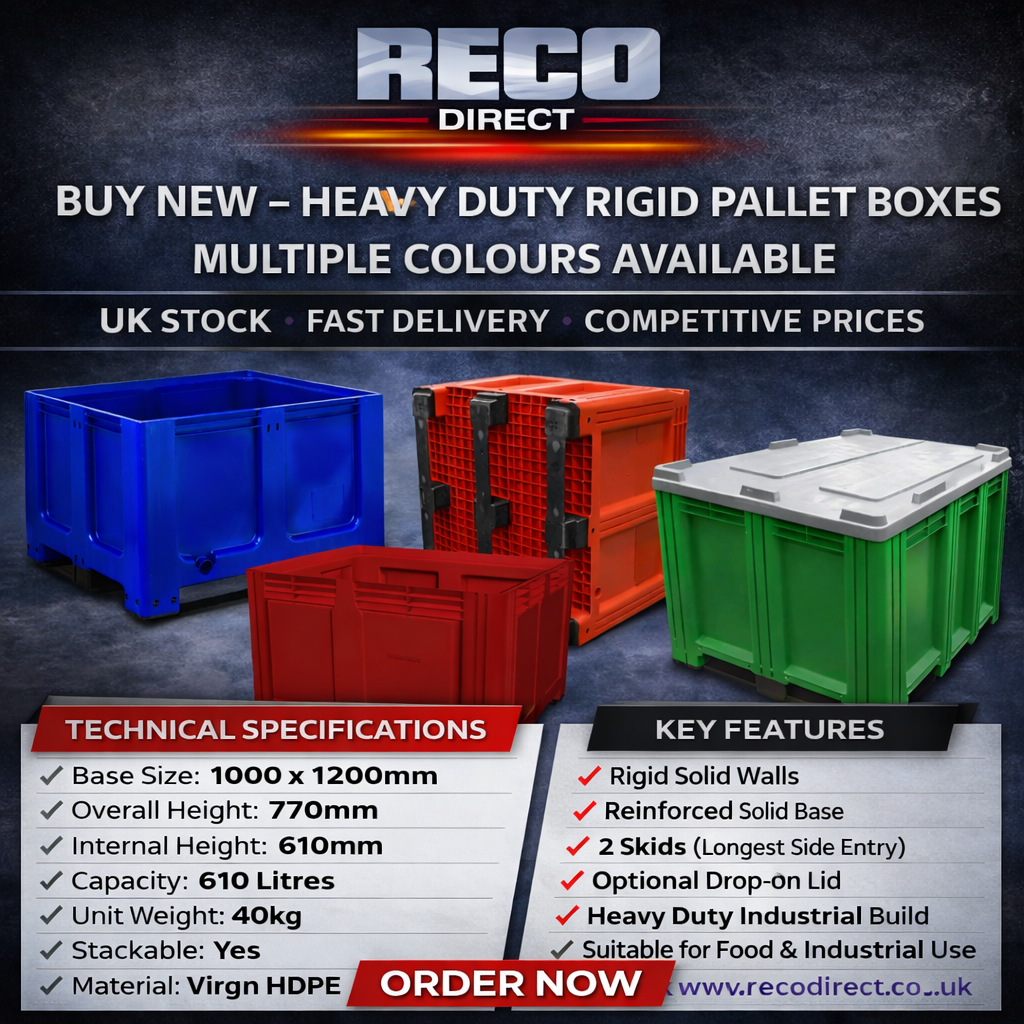 Industrial Rigid Pallet Box WITH LID 1000x1200x770mm – 610L Capacity – Heavy Duty HDPE
