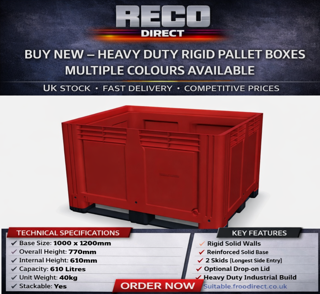 Industrial Rigid Pallet Box WITH LID 1000x1200x770mm – 610L Capacity – Heavy Duty HDPE