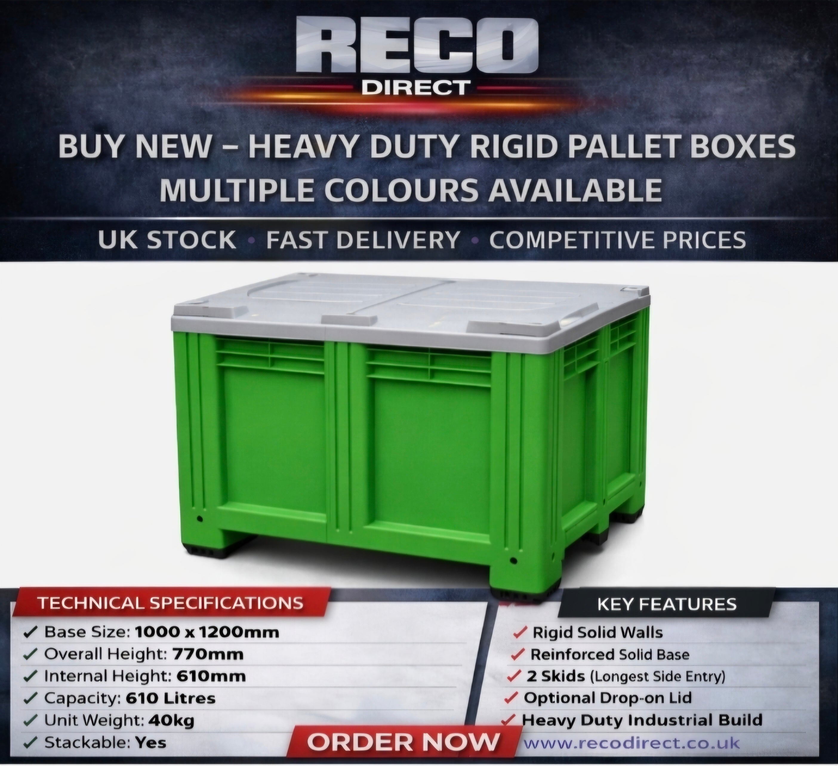 Industrial Rigid Pallet Box WITH LID 1000x1200x770mm – 610L Capacity – Heavy Duty HDPE