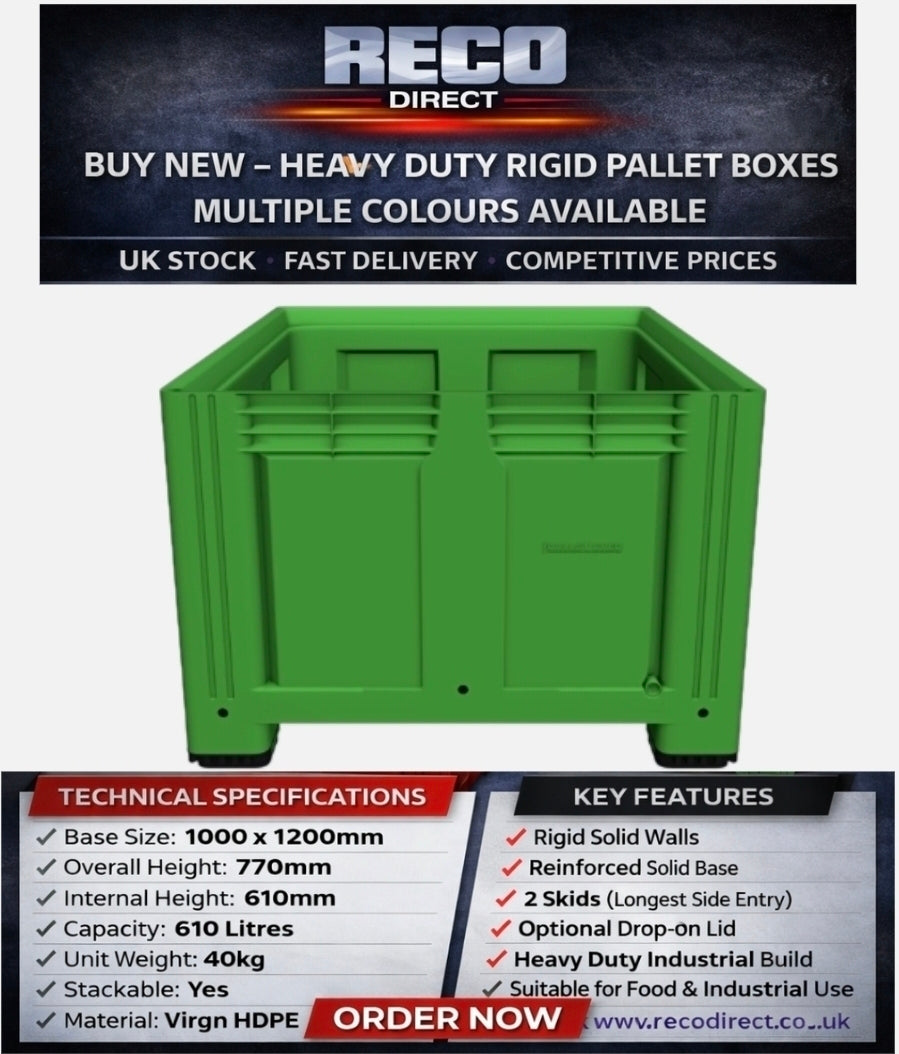 Industrial Rigid Pallet Box WITH LID 1000x1200x770mm – 610L Capacity – Heavy Duty HDPE
